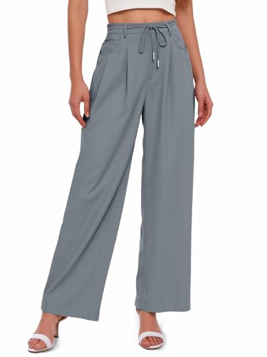 Cicy Bell Womens Wide Leg Dress Pants Elastic High Waist Pleated Work Pants Business Casual Trousers Grey