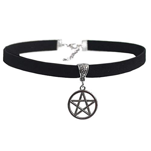 Gothic Simple Charm Black Flat Suede Cord Pentagram Star Choker Necklace Zinc Alloy Pendant Goth Choker Clavicle Chain Necklace Jewelry Gift for Women