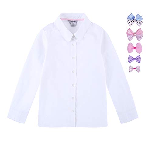 Bienzoe Niñas Oxford Manga Larga Blusa Corbata de moño Paquete Blanco L