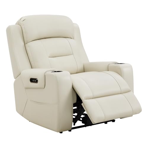 Watson & Whitely Genuine Leather Power Recliner Chairs for Adults, Lay Flat Recliner with Power Headrest, USB Ports and Cup Holders, Electric Reclining Sofa for Living Room, Bedroom, Cream