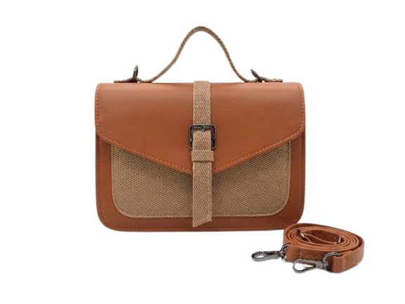 Double-Tone Crossbody Bag with Top Handle and Buckle Flap-image-26