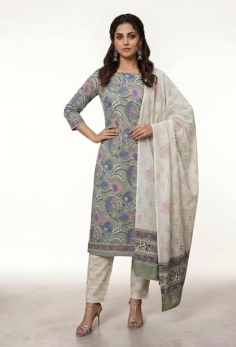 Image of Eddika women unstitched hand block printed cotton suit set with mulmul dupatta ehbpcswmd0120P