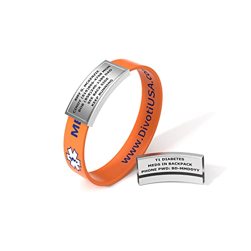 Divoti Ultra-Sleek Custom Engraved 13-mm Wide Silicone Sport Medical ID Wristband for Athletes – Stainless Steel/Orange - Small