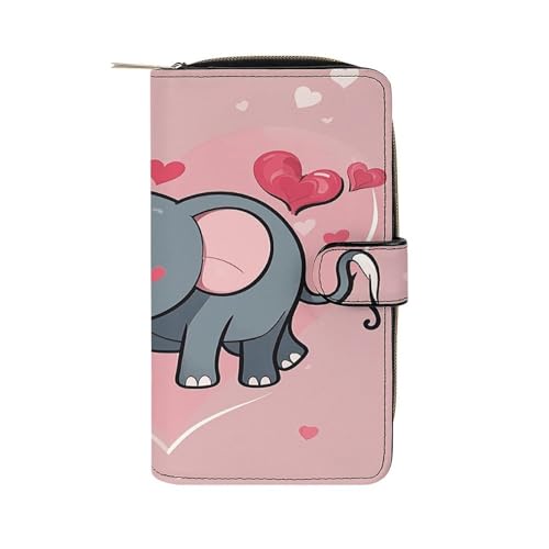 PU Leather Wallet Cute Elephant with Red Heart Print Travel Purse Women's Long Bifold Wallet Ladies Card Holder Purse with Zipper & Snap Closure