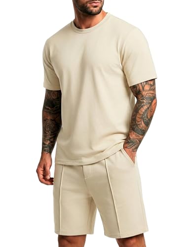 QIXING 2-Teiler Herren Sommer Outfit Kurz Trainingsanzug Hemd & Shorts Set Freizeitanzug mit Taschen Kurzarm(Beige L)