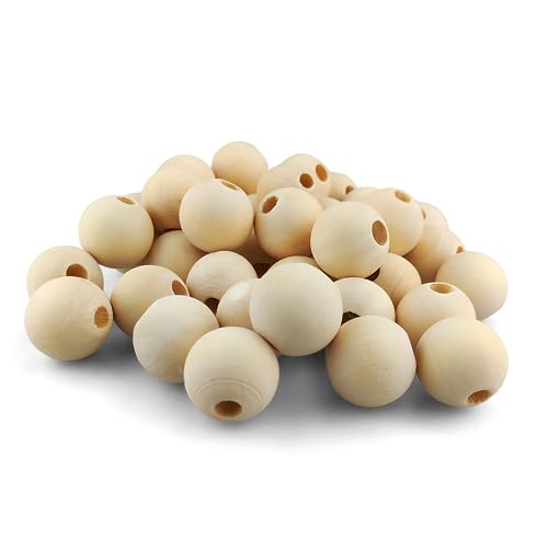 HXJDAM Grandi sfere di legno da 40 mm con foro, 16 perline di legno da infilare, con perforatore, perle di legno rotonde naturali non trattate per gioielli fai da te, decorazioni, collana