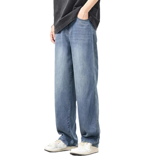 Men's Spring Fall Loose Fit Jeans Wide Leg Elastic Waist Casual Denim Trousers Plus Size