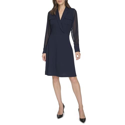 Image of Calvin Klein Women's Long Chiffon Sleeve Collared Surplice Neck Crepe Mini Dress