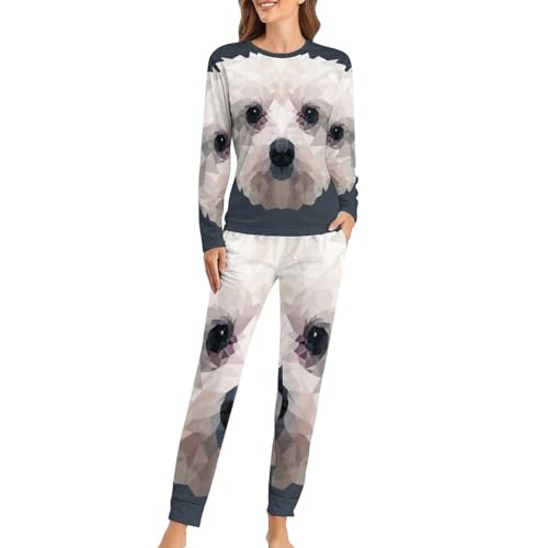 Pyjama Femme Chien Blanc Ensemble T-Shirt Manches Longues et Pantalon