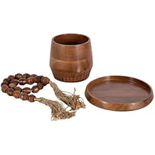 Kate and Laurel Anaya Wooden Three-Piece Decor Accent Set; Walnut Brown; Set of 3; Modern Tabletop Decor Set including Planter Pot; Accent Tray; and Beaded Rope