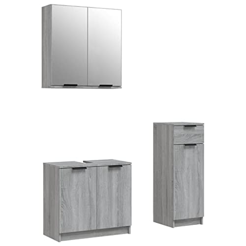 vidaXL Set de Muebles de Baño 3 Piezas Armario Espejo Aseo Tocador Lavabo Estante Almacenamiento Pared Madera Contrachapada Gris Sonoma