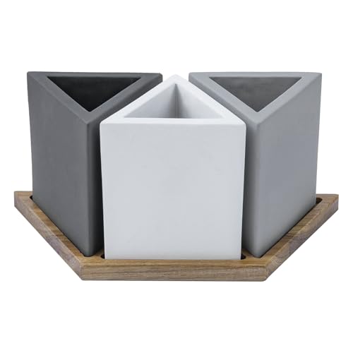 Image of MyGift Modern Concrete Desk Organizer Set with 3 Triangular Gray-Tone Pen Holders and Acacia Wood Tray, 4-Piece Office Storage Solution for Pens, Pencils, and Supplies