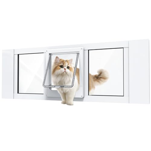 NIAOMAOGOU Cat Door for Window Aluminum Cat Door Window Insert with 4 Secure Lock Modes Magnectic Closure for Cats Fit Window Width 24-28 White