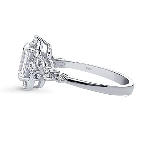BERRICLE Sterling Silver Halo Art Deco Wedding Engagement Promise Rings for Her, Step Emerald Cut Cubic Zirconia CZ Ring3