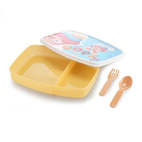Image of Nayasa Witty Deluxe Mini 2 Compartment Lunchbox | BPA Free and Food Grade Plastic Tiffin | Owl Print | 450 ML | Yellow