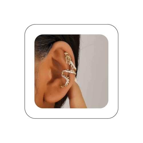 Gothic Gold Dragon Ear Cuff - Crystal Dragon Cuff Crawler Earring - Punk Metal - Cz Rhinestone - Animal Non-Piercing Earring - Women's Jewelry