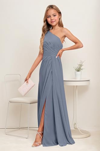 Junior Bridesmaid Dresses One Shoulder Chiffon Flower Girl Dress for Teen Girls Long Party Pageant Gowns Dusty Blue Size 82