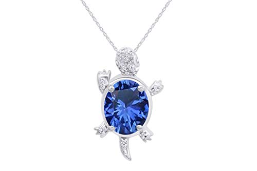 Sea Turtle Pendant Necklace, 14K White Gold Over Sterling Silver, Oval & Round Cut Simulated Birthstone & White Cubic Zirconia, 18