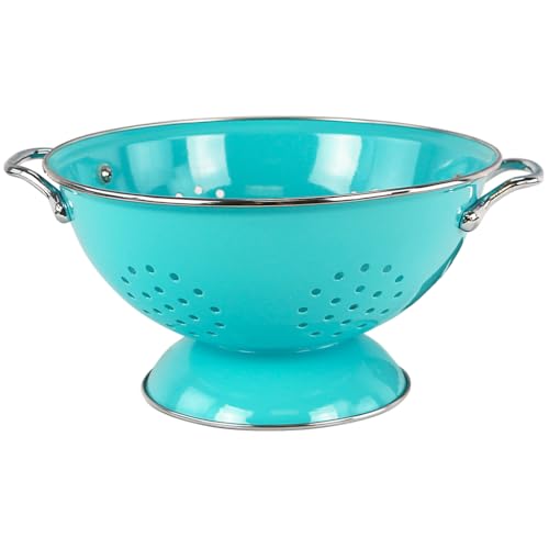 Reston Lloyd, 3 Quart Powder Coated Steel Kitchen Strainer Basket for draining Pasta, Vegetable and Fruit, Chrome Handles and Wide Stable Base, Aqua-Blue