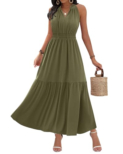Image of ZAFUL Women's 2025 Summer Casual Midi Dress Sleeveless Adjustable V Neck Elastic Empire Waist Smocked Ruffle Tiered Dresses
