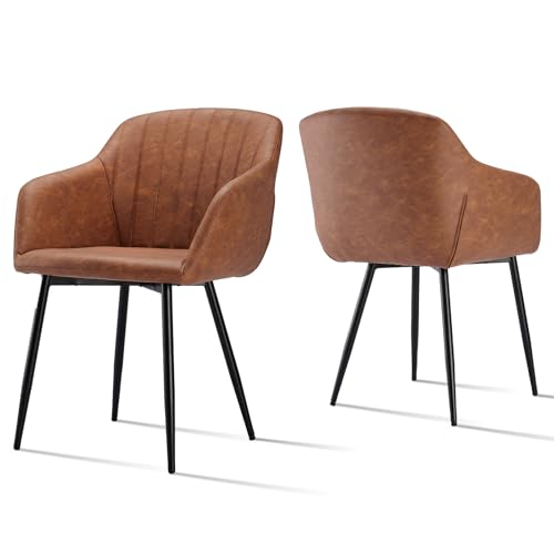 Goeurvant Lot de 2 Chaises Simili Cuir Marron Salle à Manger avec Accoudoirs, Fauteuil Chaise de Cuisine, Chaise de Salon Rembourrés et Pieds en Métal