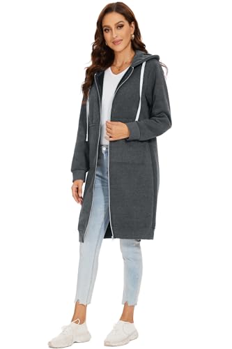 YOSICIL Damen Herbst Winter Outing Stil Frauen Warm Reißverschluss Öffnen Clubbing Dating Elegante Hoodies Sweatshirt Langen Mantel Jacke Tops Outwear Hoodie Outwear Kapuzenpullover,Dunkelgrau,4XL