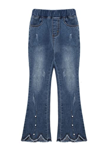 easyforever Kids Girls Flared Jeans Tassel Irregular Hem Beads Bell Bottom Trousers Casual Denim Pants Age 5-14 Years3