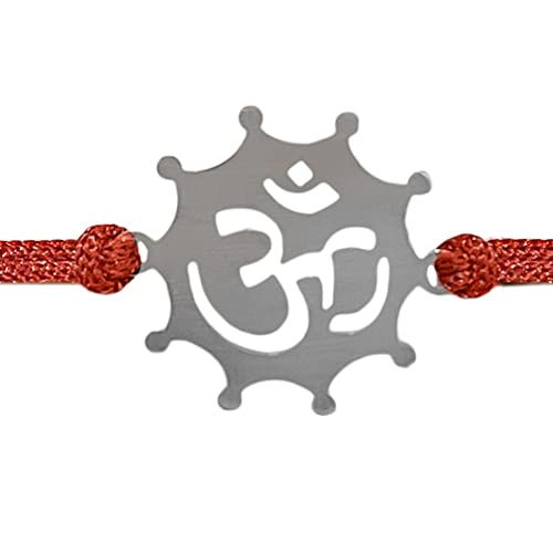Image of Parnika 925 Silver Rakhi in Cotton Thread Silver Rakhi Bracelet For Brother in Pure 92.5 Sterling Silver for Boys and Men | Chandi ki Rakhi | With Roli Chawal (Om 3)