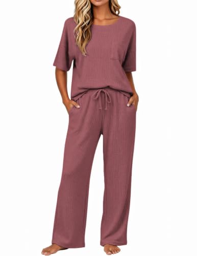 Image of JiniGolla Womens Pajama Sets Waffle Knit Short Sleeve Shirt with Long Pajama Pants Soft Sleepwear Pj Lounge Sets