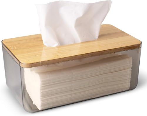 MOMENT Acrylic Tissue Holder Box with Bamboo Lid Rectangular Napkin Holder Clear Box Cover Facial Tissue Dispenser for Home Bathroom and Living Room (21.5x13.5x10cm)