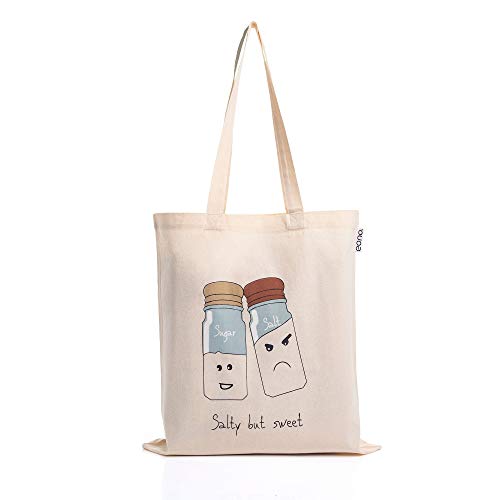 Amazon Brand – Eono Reusable Tote Bags | 100% Organic Cotton Shopping/Grocery Bag | Multi-Purpose Bag | Sturdy Canvas Bag with 15kgs Capacity | Single Pack | Salty but sweet
