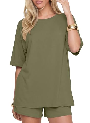 Image of Darong Women's 2 Piece Shorts Set Loungewear | oversized tshirts,crew neck top,drawstring shorts,elastic waist, side pockets,summer travel outfits