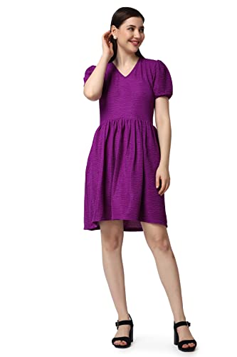 Image of POPWINGS Casual Self Crush Design Solid Knee Length Blouson Peplum Dress for Women || Stylish Summer Dress for Women || Knee-Length Dress for Women || V-Neck Dresses for Women