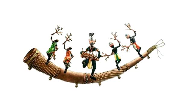 Mauli Handicraft Handmade Iron Decorative Trumpet Five Tribals Dancing Wall Hangings (28 cm x 11 cm x 1 cm)