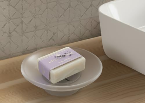 Image of Premium Frosted Glass Soap Dish for Bathroom and Kitchen | Round Countertop Soap Holder Case with Raised Interior Ridges for Shower Sink & Vanity Counter, Matte White Finish