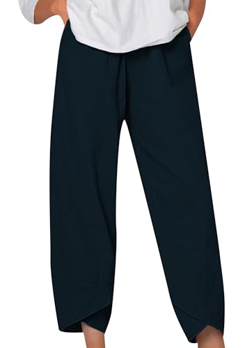 TYQQU Women's Modest Trendy Cotton Linen Pants with Pockets Baggy Flowy High Waist Pant Loose Comfy Lounge Pant