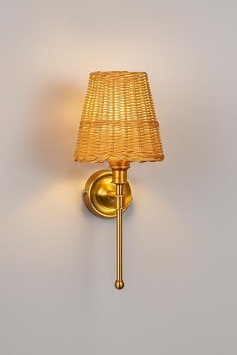 Image of AKWAY Antique Brass Finish Wall Lamps for Living Rooms with Bamboo Shade | Rattan and Cane Wall Lights for Bedroom | Wicker Wall scones - (Wicker Conical - Janya)