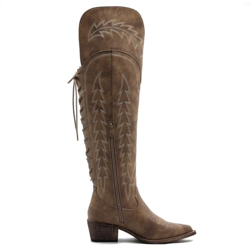 Image of GLOBALWIN Women's Cowboy Western Fashion Over The Knee Thigh High Cowgirl Boots Low Heel