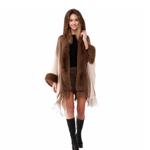 Women Hooded Poncho Cape Faux Fur Trim Shawl Wrap with Tassel Faux Fur Collar Cardigan Cloak for Party Evening2