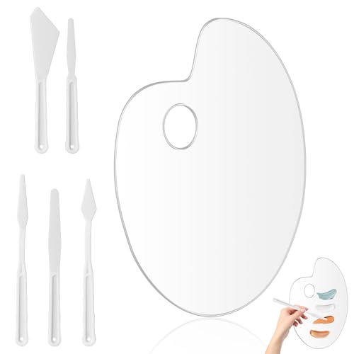 Mischen, Malpalette klare Acrylfarben, Ovale Malpalette 30×20cm mit Schutzfolie und 5 Stück Malmesser Set Kunststoff, Mischen für Acrylfarben, Öl, DIY Kunst
