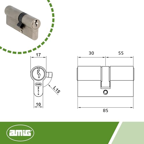 AMIG - Cylinder bezpieczeństwa do drzwi drewnianych - rozmiar 85 (30-55) mm - 5 kołków - ochrona przed wierceniem - trzpień 15 mm - w zestawie 3 klucze mosiężne - chromowane matowe wykończenie