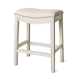 Maven Lane Adrien Backless Counter Stool – 26 Inches – Saddle Stool with Footrest – Cream Solid Wood Frame & Natural Fabric Upholstery – Perfect for Kitchen Islands & Counters