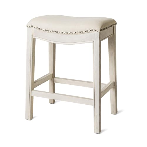 Image of Maven Lane Adrien Backless Counter Stool - 26 Inches - Saddle Stool with Footrest - Cream Solid Wood Frame & Cream Fabric Upholstery - Perfect for Kitchen Islands & Counters