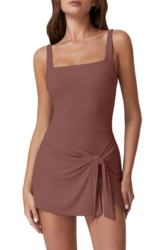 Image of QINSEN Square Neck Swim Dress for Women Tummy Control One Piece Swimsuit Wrap Bathing Suit