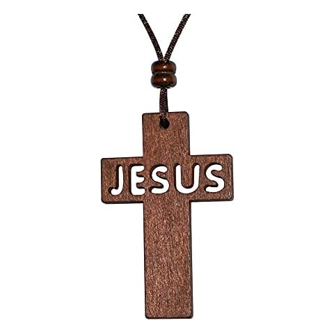 Large Jesus Wood Cross Pendant Necklace for Men Women Boy Girl Carved Wooden Casual Sweater Chain Cover