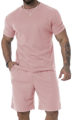 KUYIGO Short et chemise d'été pour homme - 2 pièces - Style décontracté - Respirant, rose, M