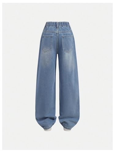 WDIRARA Girl's Pearl Beaded Elastic Waist Wide Leg Jeans Loose Denim Pants2