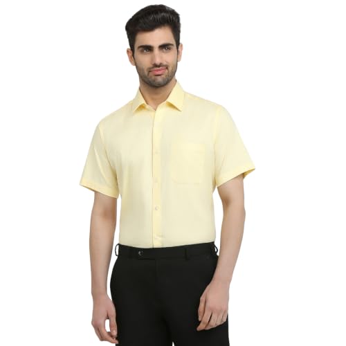 Image of Raymond Men Contemporary Fit Solid Pattern Pure Cotton Semi Cutaway Collar Half Sleeve Formal Shirt