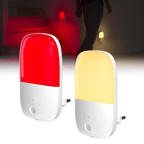 Klarlight Luz Nocturna Infantil con Sensor Crepuscular, Luz Roja Nocturna Melatonina para dormir, 2500K Blanca Cálida Brillo Ajustable Luzs de Noche para Niños, 3 Modos ON/OFF/AUTO[2 Piezas]