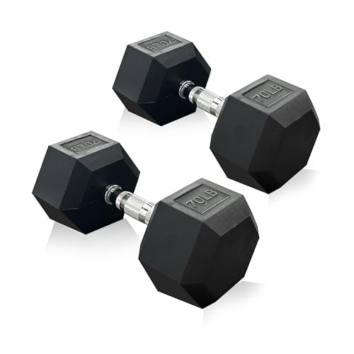 Ritaifer 70LB Pair Rubber Hex Dumbbell Coated Free Weight for Home Gym